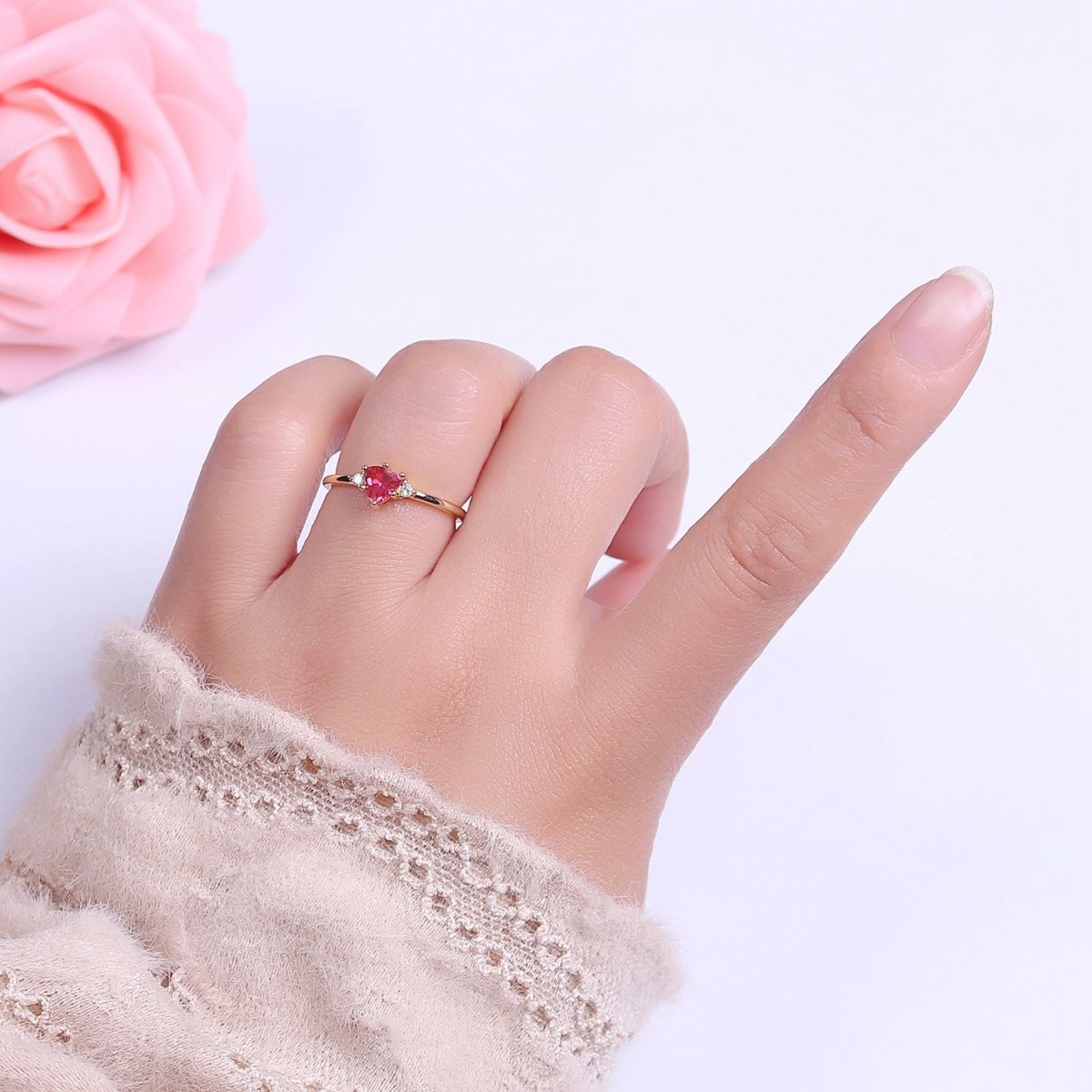 Minimalist Heart Ring, Gold Filled Stacking Ring, Pink CZ Heart Ring Open Adjustable S-532