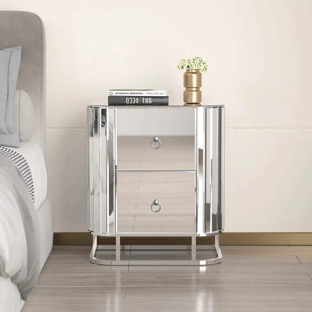 Mirrored Accent Table with 2 Drawers and Stainless Steel Frame