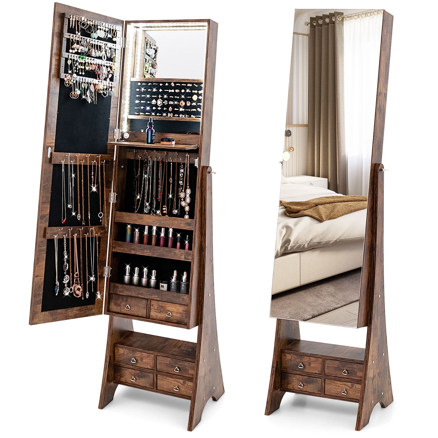 Freestanding Full Length LED Mirrored Jewelry Armoire with 6 Drawers