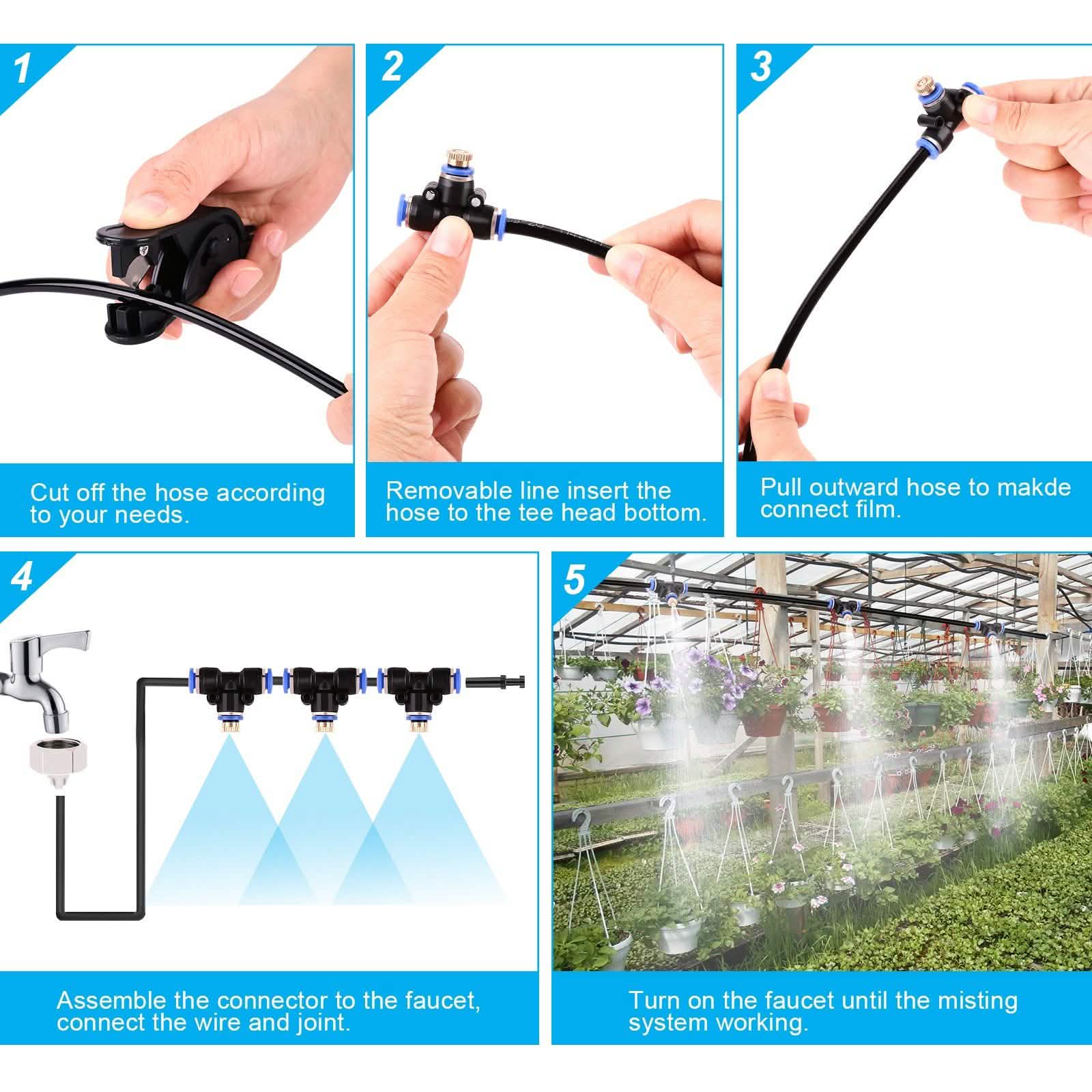 Mist Cooling System 26Ft Line + 10 T-Joint Nozzles Water Sprayer