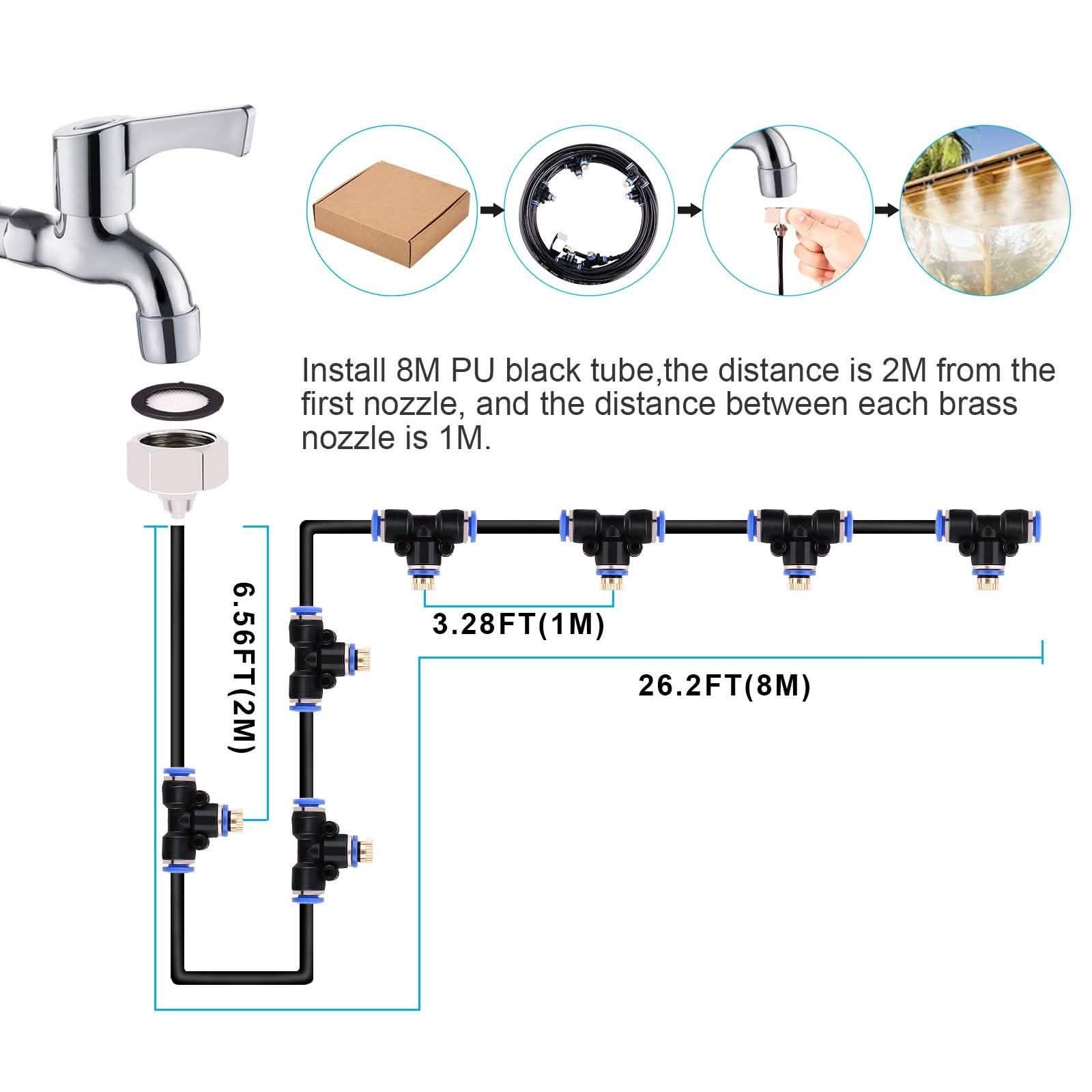 Mist Cooling System 26Ft Line + 10 T-Joint Nozzles Water Sprayer