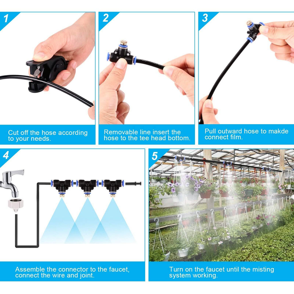 Misting Cooling System 65.6Ft Hose Line + 23 T-Joint Nozzles Water Sprayer
