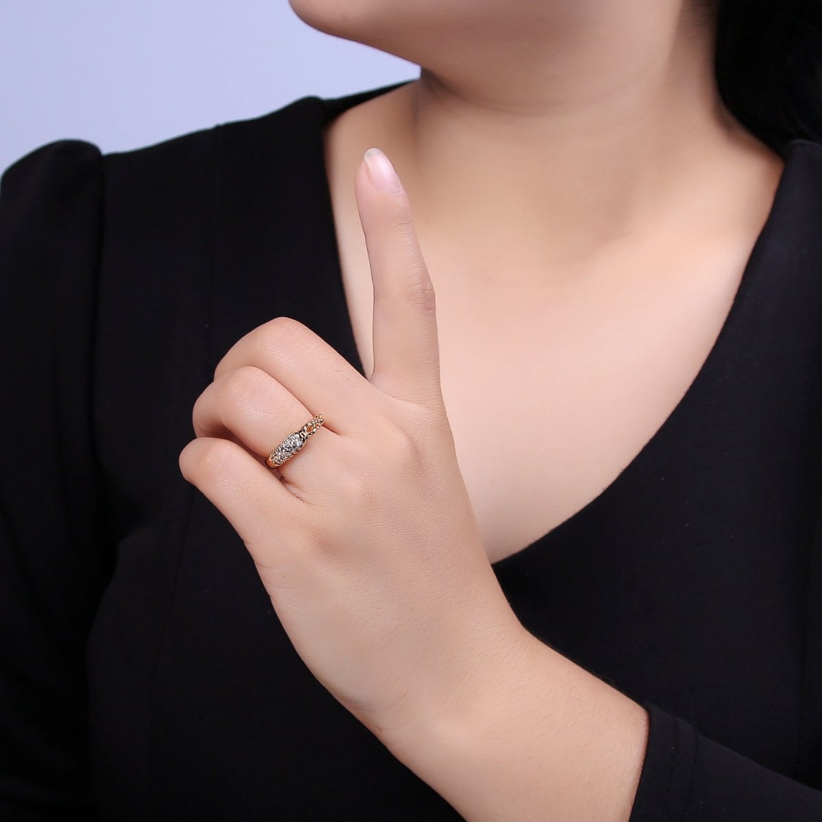 Mix Cz Ring With Chain Link Design Inspired Stackable Open Adjustable Ring U-311
