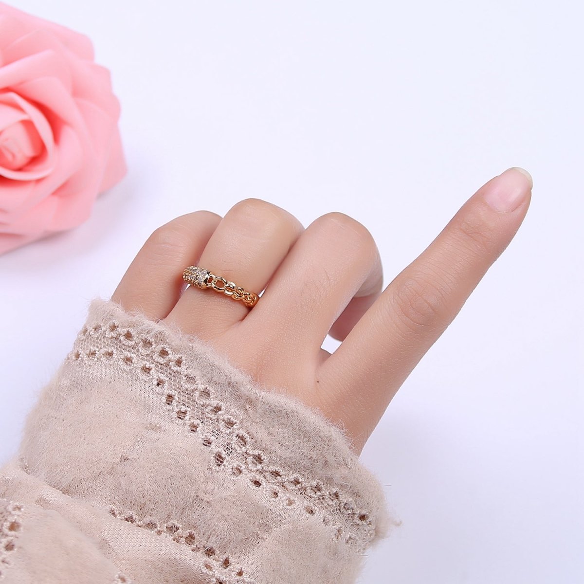 Mix Cz Ring With Chain Link Design Inspired Stackable Open Adjustable Ring U-311