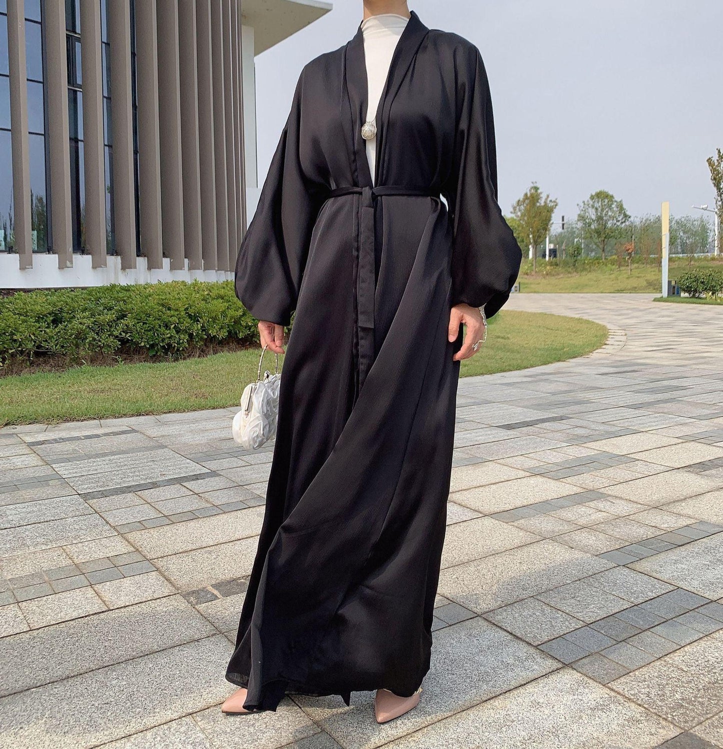Satin Bunched Sleeve Open Abaya (MOA048)