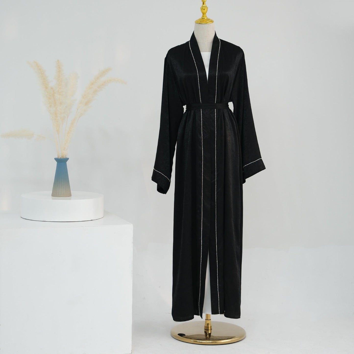 Solid Colour Trimmed Abaya Cardigan 2-Piece Set (MOA055)