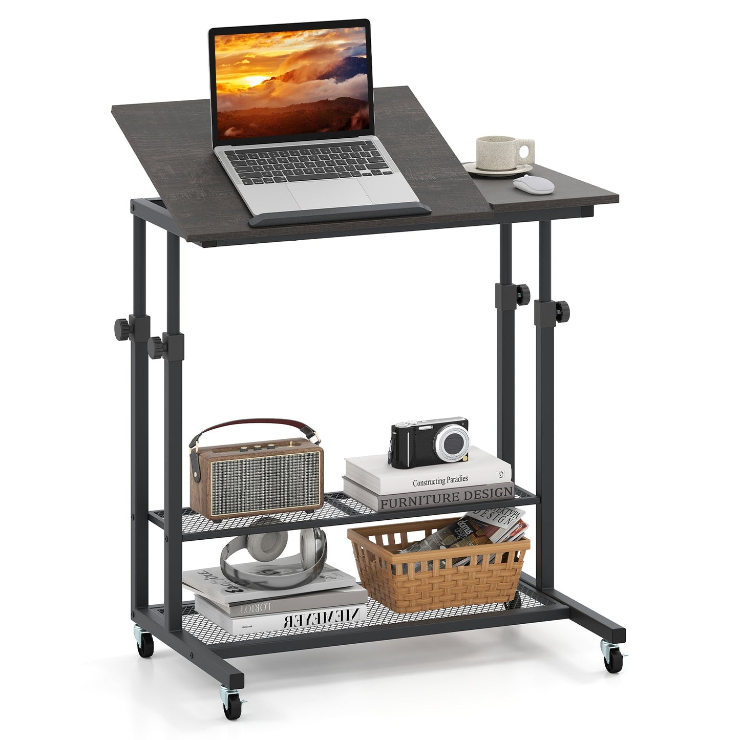 Mobile Stand up Desk Height Adjustable Standing Table with Tilting Tabletop