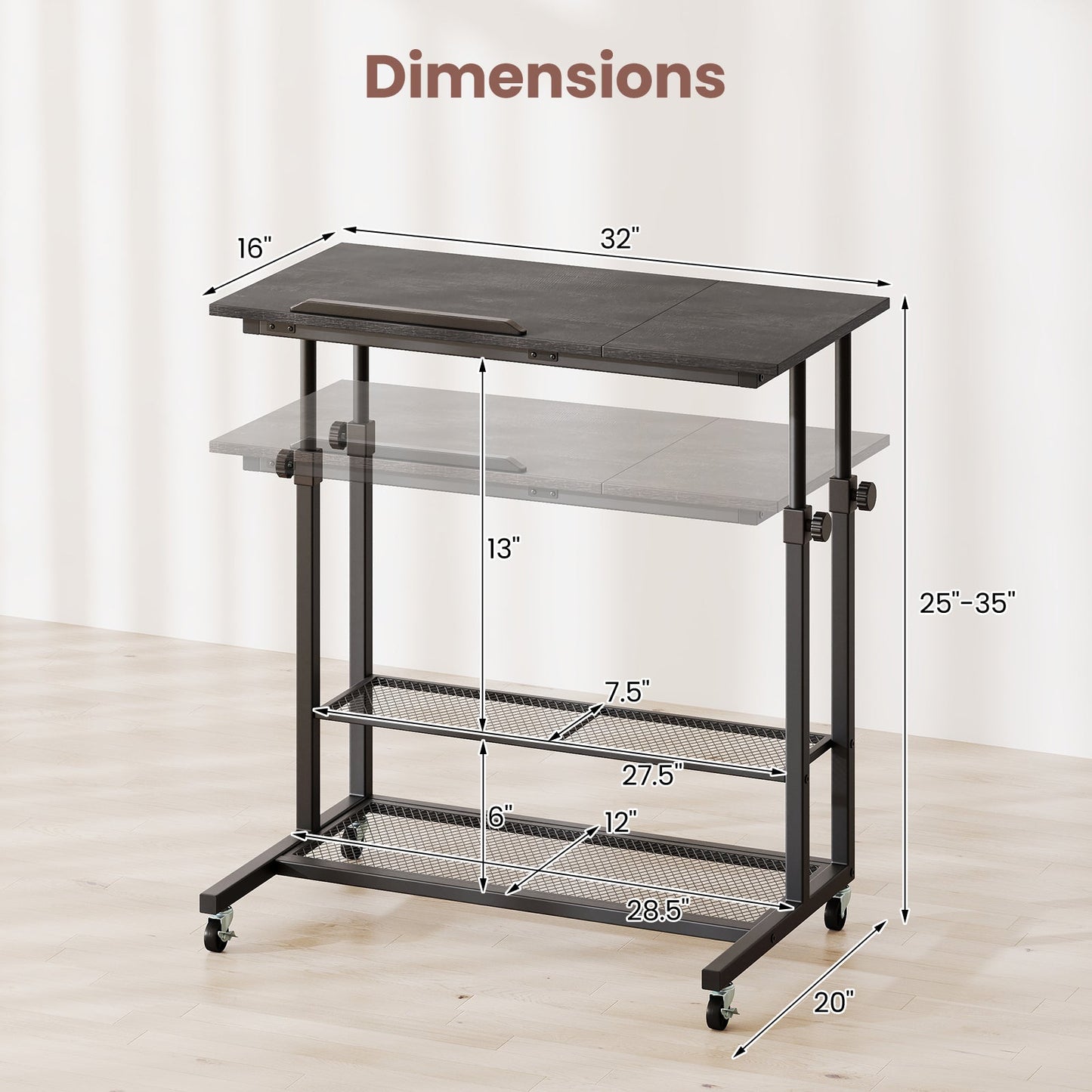 Mobile Stand up Desk Height Adjustable Standing Table with Tilting Tabletop