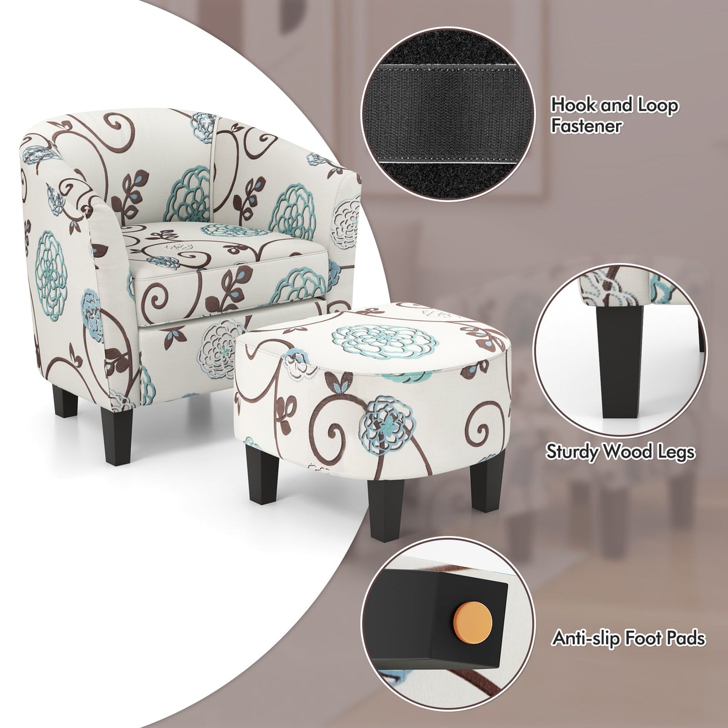 Modern Accent Tub Chair and Ottoman Set with Fabric Upholstered-Beige