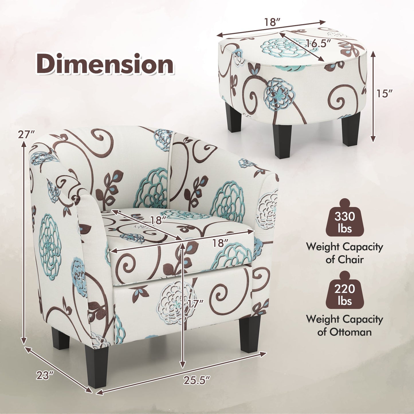 Modern Accent Tub Chair and Ottoman Set with Fabric Upholstered-Beige