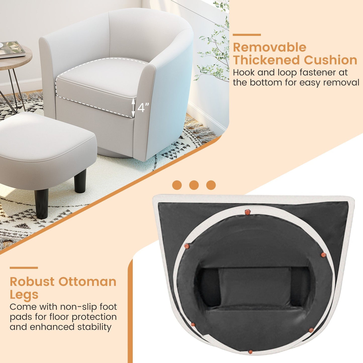 Modern Club Swivel Accent Chair with Ottoman Footrest Curved Backrest