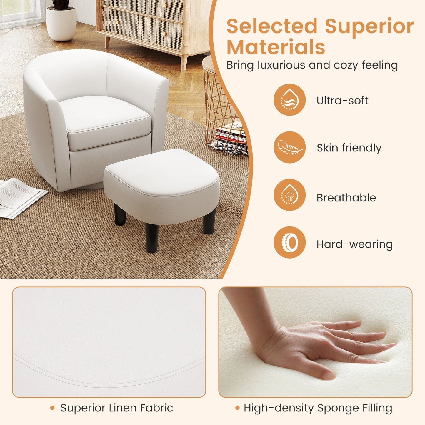 Modern Club Swivel Accent Chair with Ottoman Footrest Curved Backrest