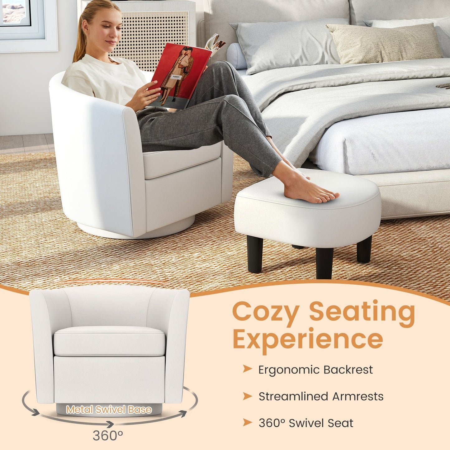 Modern Club Swivel Accent Chair with Ottoman Footrest Curved Backrest