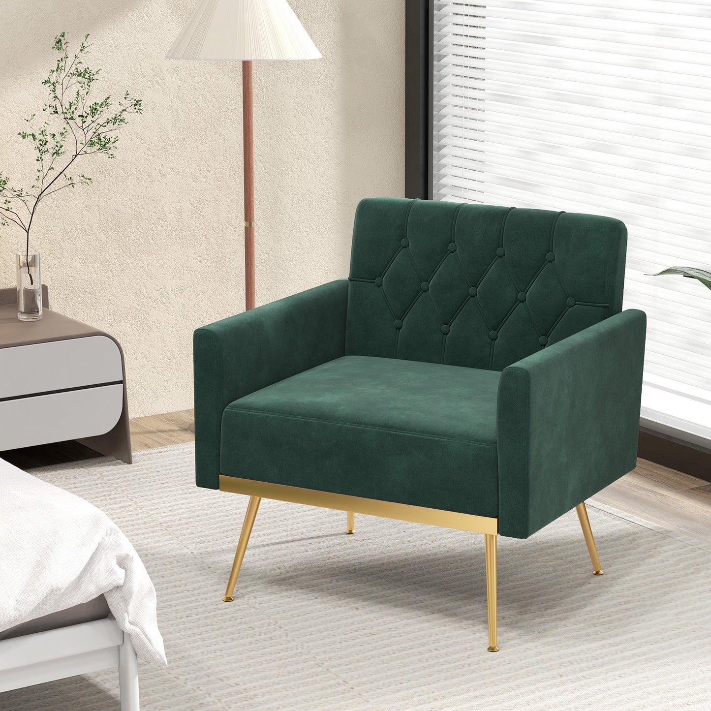 Modern Velvet Accent Chair with Button Tufted Back Golden Metal Legs and Adjustable Foot Pads