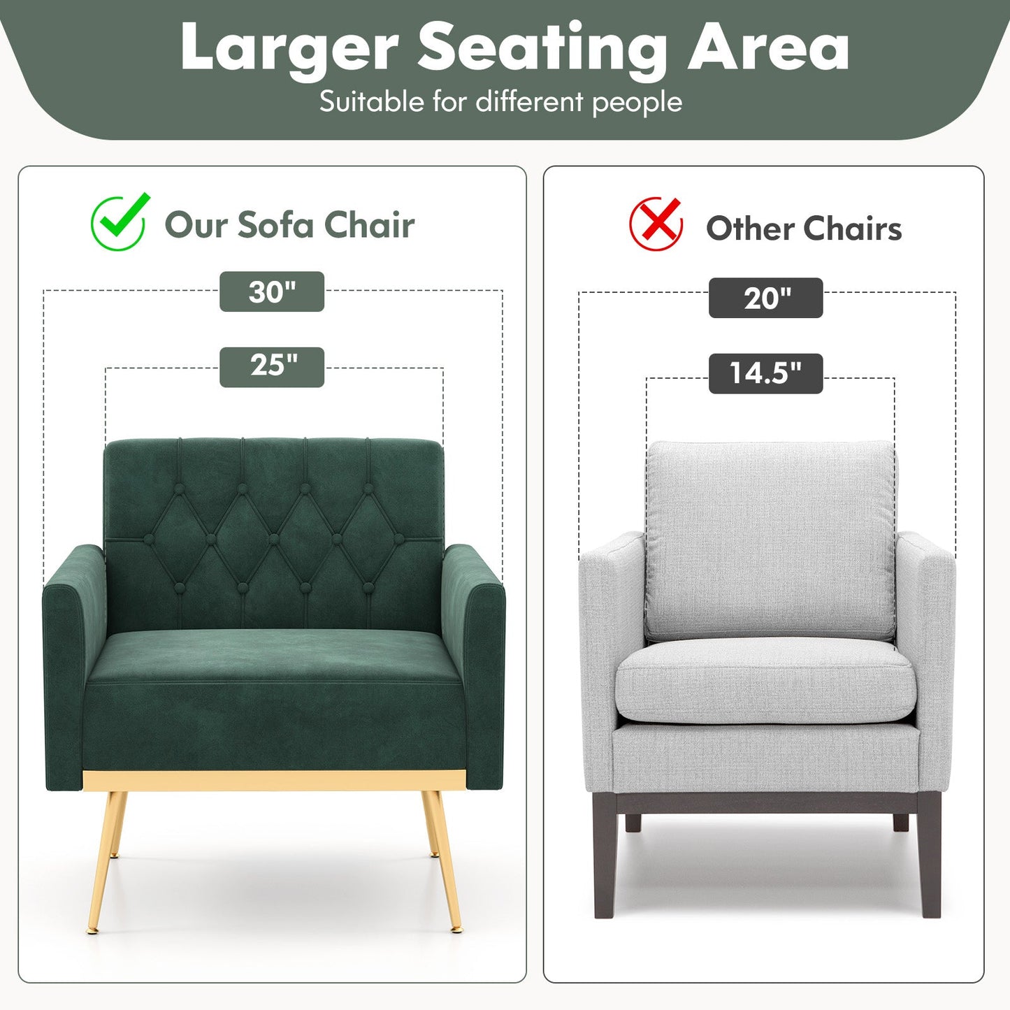 Modern Velvet Accent Chair with Button Tufted Back Golden Metal Legs and Adjustable Foot Pads