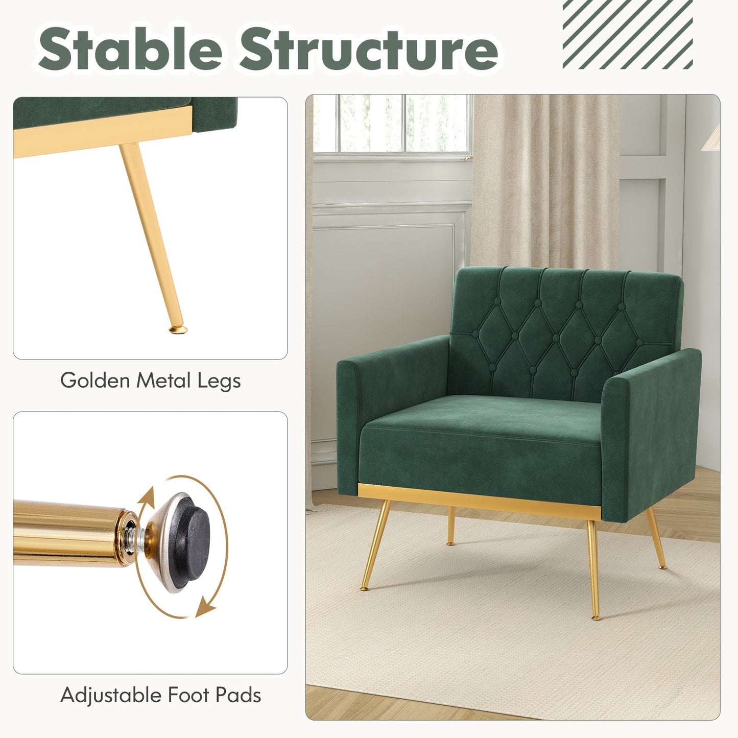 Modern Velvet Accent Chair with Button Tufted Back Golden Metal Legs and Adjustable Foot Pads