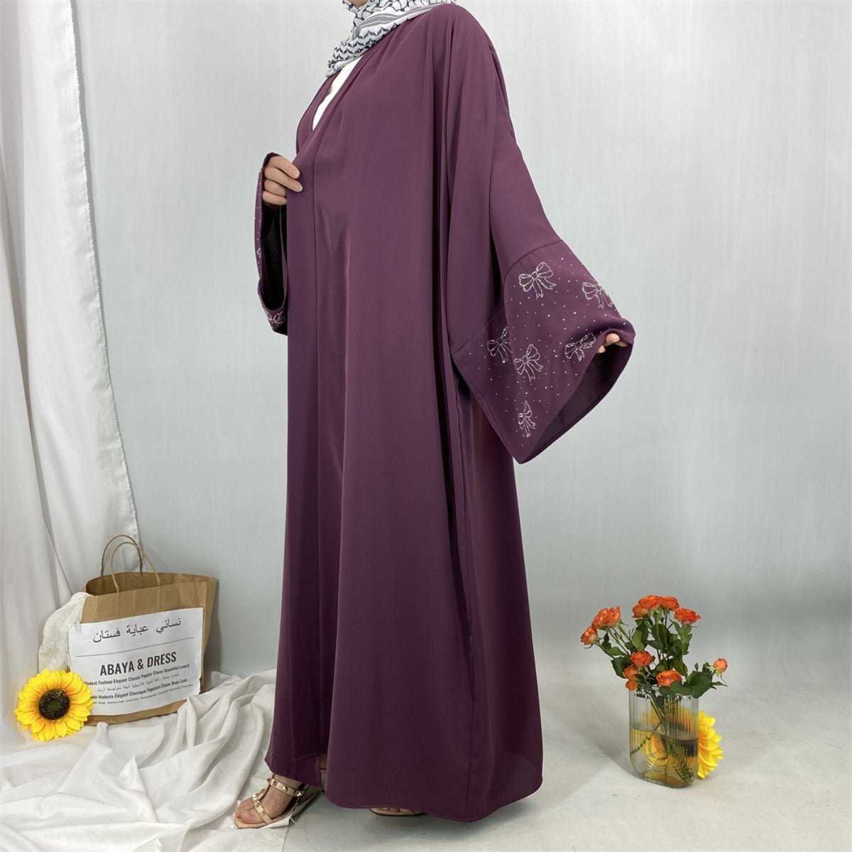 Modest Luxury Exquisite Transfer Diamond Printer Butterfly Sleeve Abaya (MOA206)