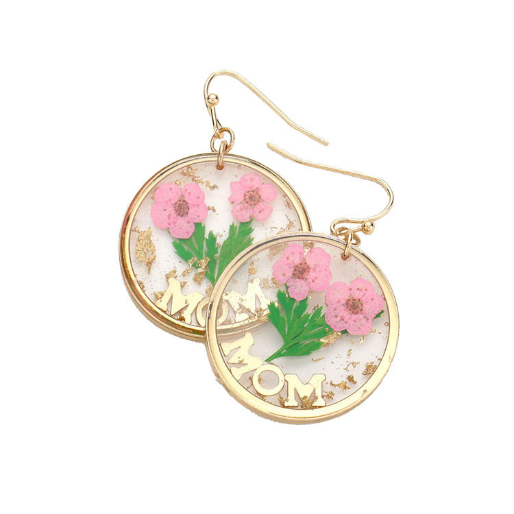 MOM Pressed Flower Clear Lucite Round Earrings