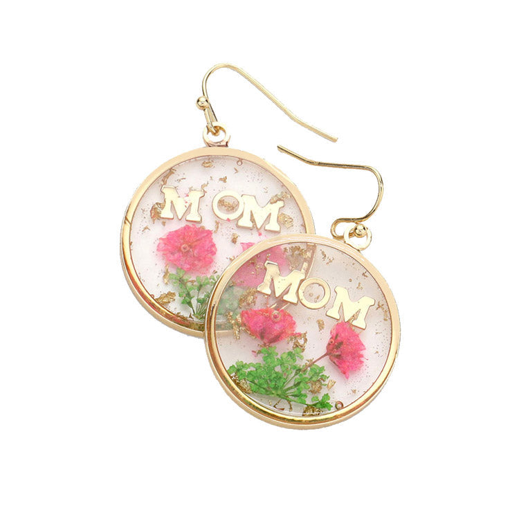 MOM Pressed Flower Clear Lucite Round Earrings