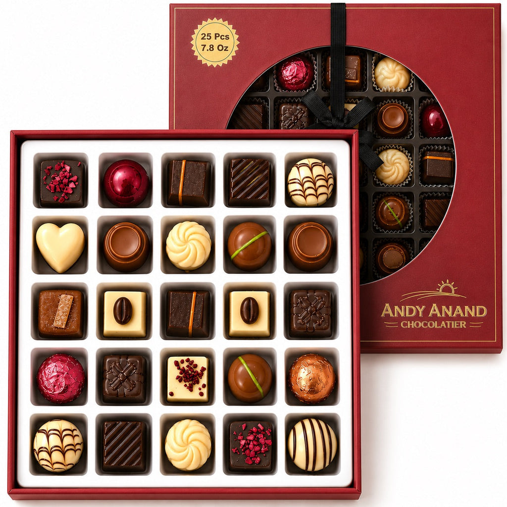 Andy Anand Premium Bon Bon Chocolate Collection, 25 pc – Truffles, Pralines, Pistachio Cream, Mint & Tiramisu, Birthday & Holiday Gift Box