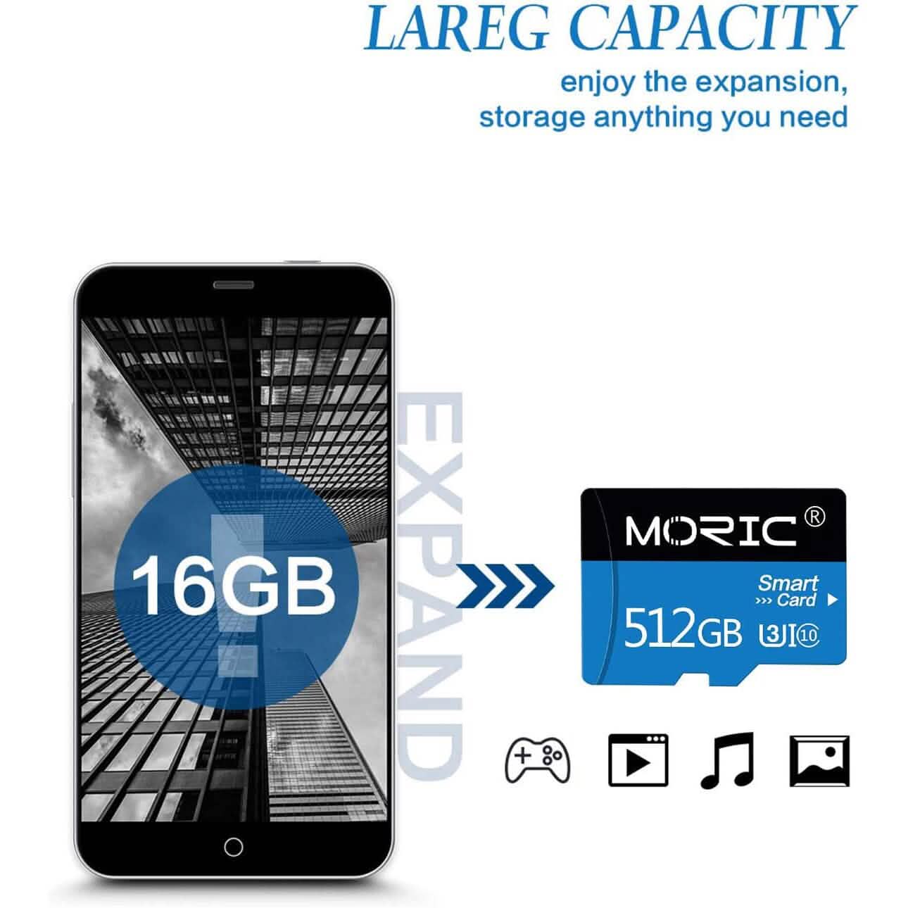 Carte Micro SD Moric 512 Go avec adaptateur, carte mémoire rapide Classe 10 (reconditionnée)