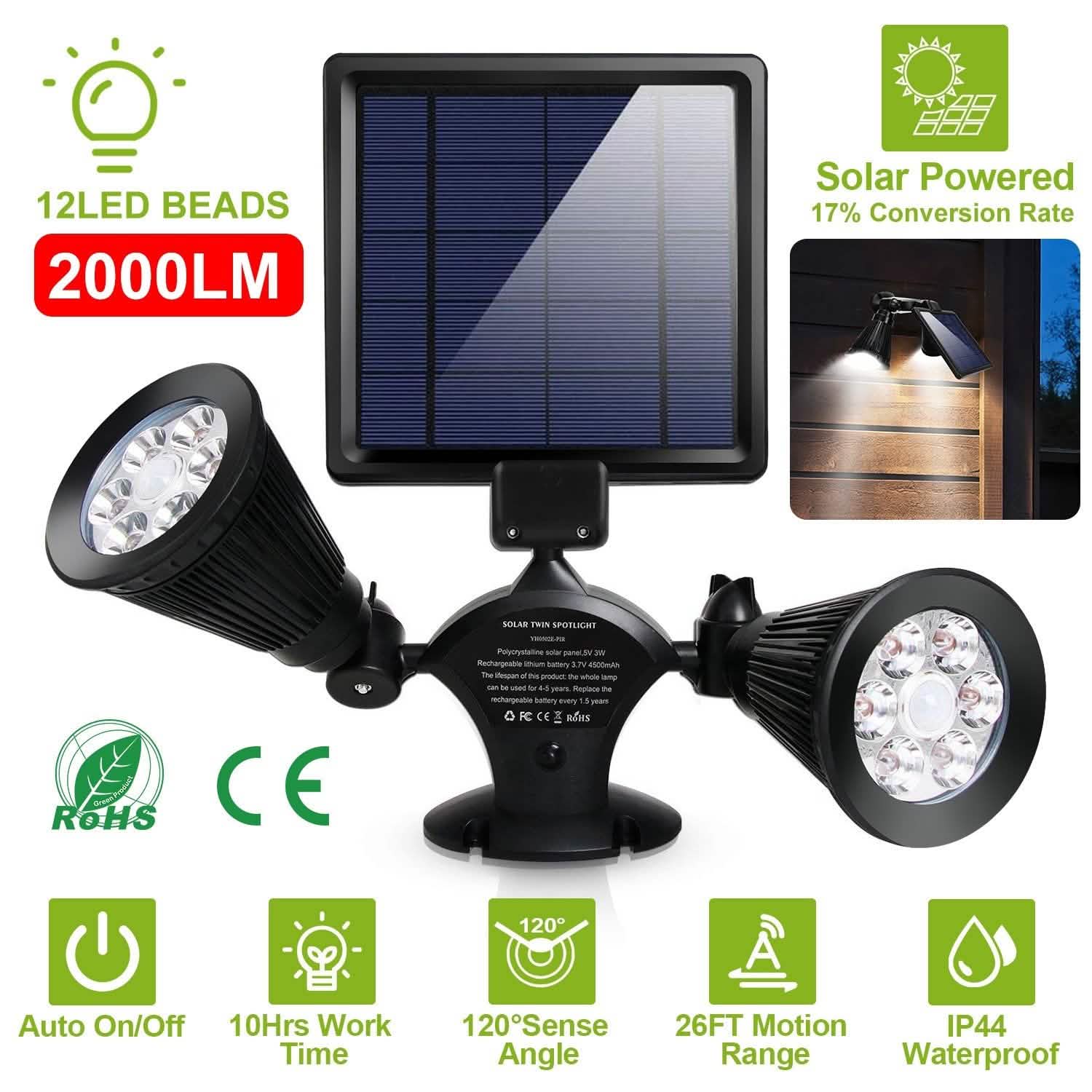 Motion Sensor Spotlights 2000lm Security Lights with Dual Head 360 Degree Rotatable