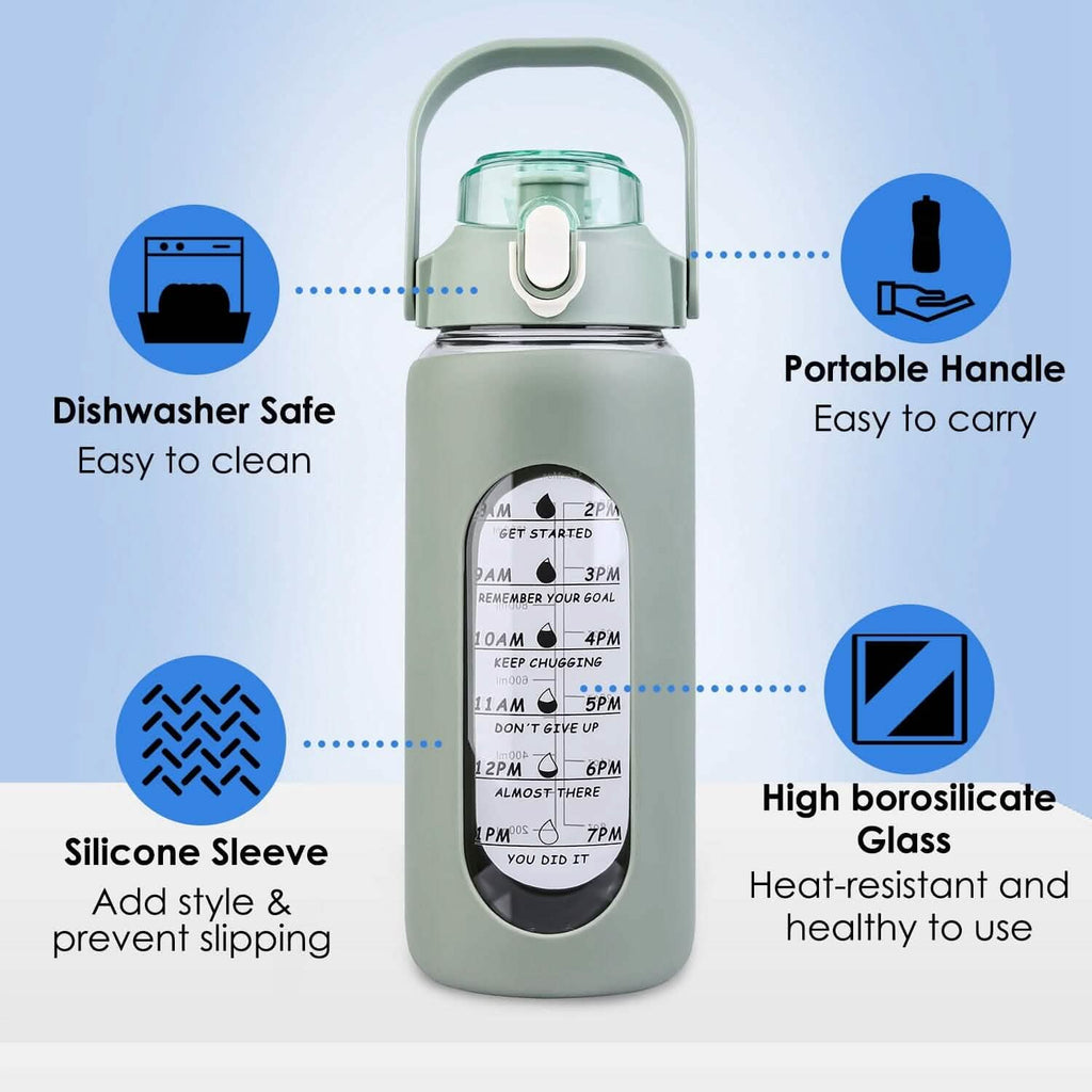 Bouteille d'eau de motivation avec suivi de consommation, marqueur de temps, manchon en silicone et poignée