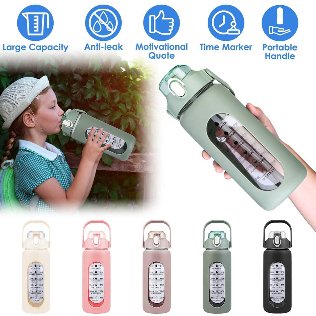 Bouteille d'eau de motivation avec suivi de consommation, marqueur de temps, manchon en silicone et poignée
