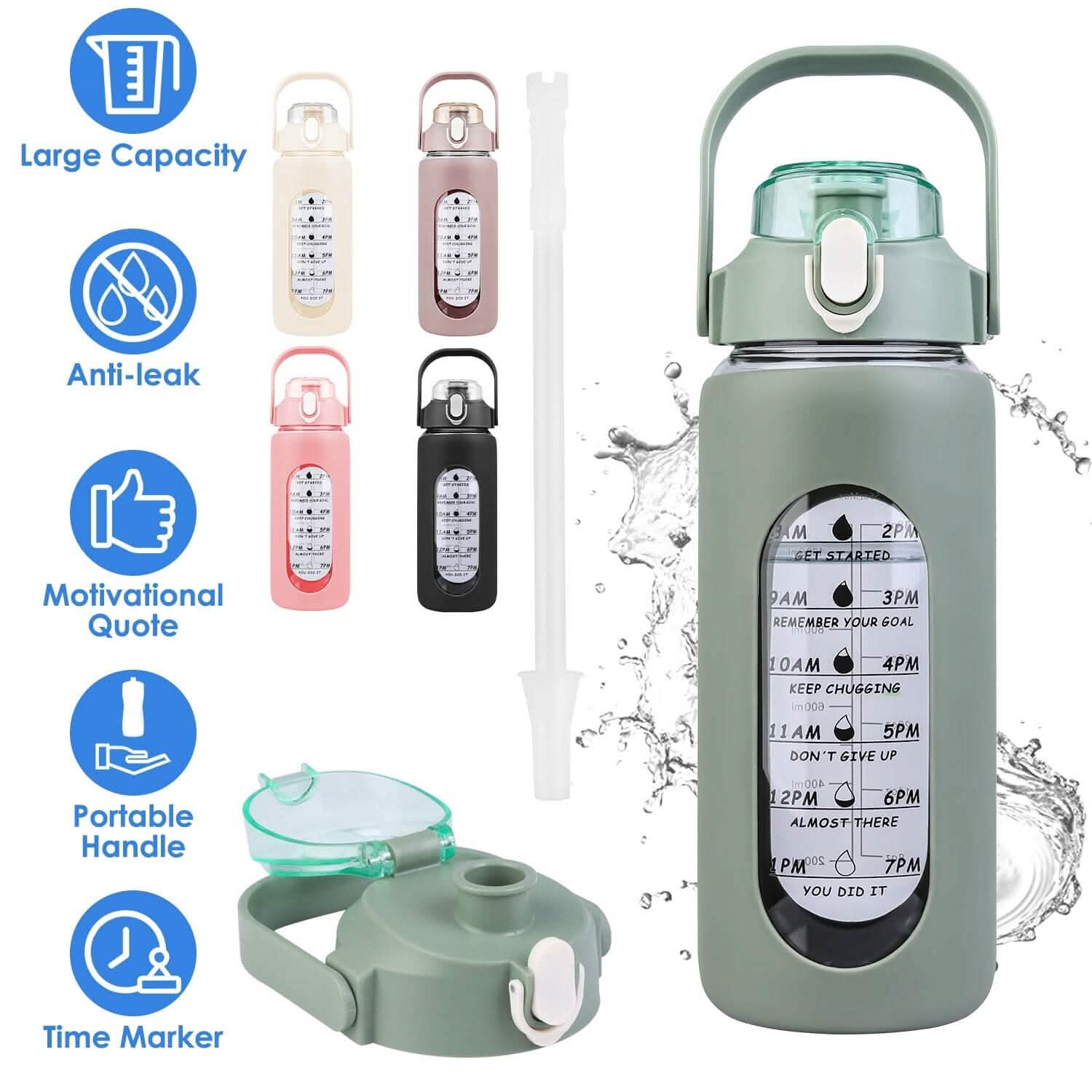 Bouteille d'eau de motivation avec suivi de consommation, marqueur de temps, manchon en silicone et poignée