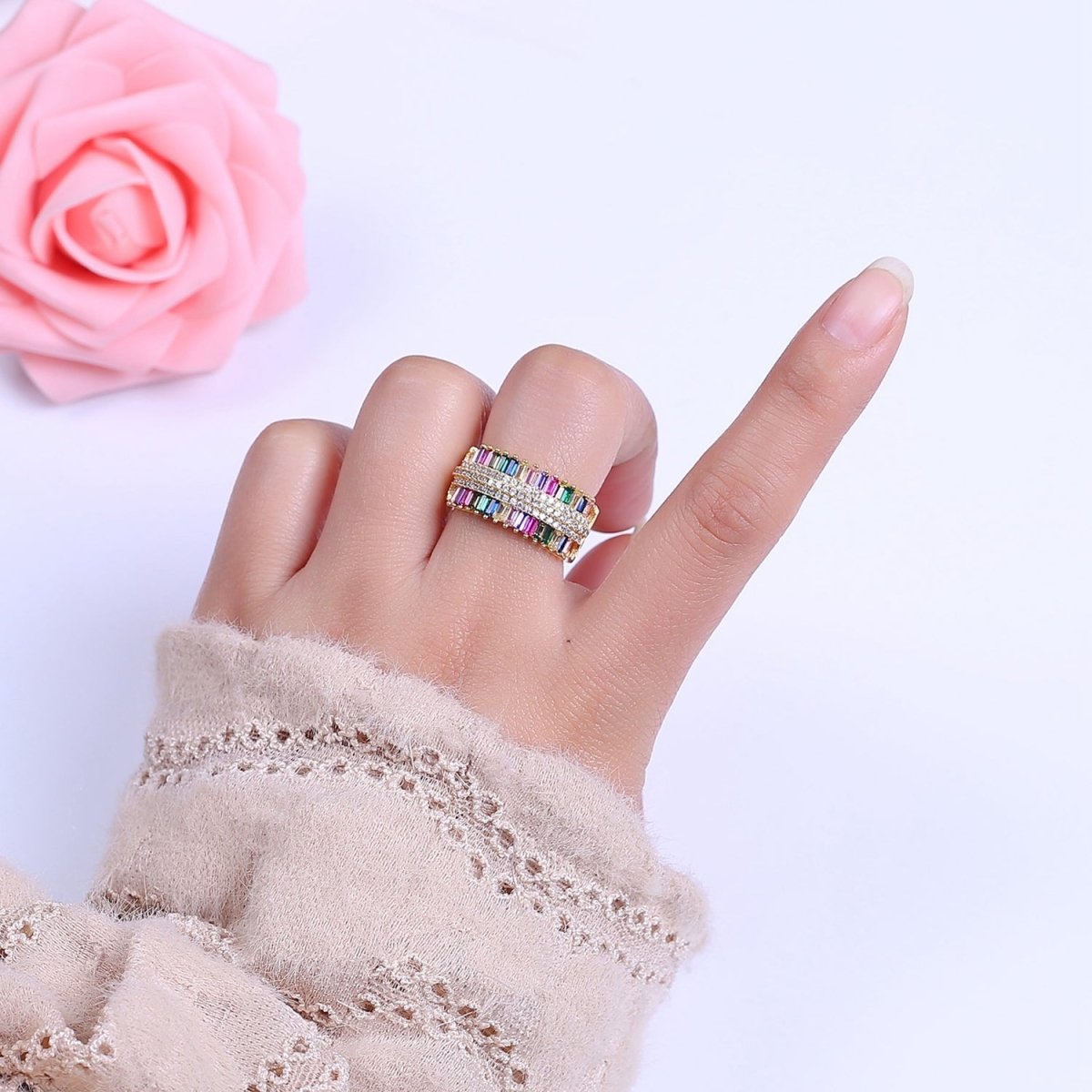 Multi Color Cubic Zirconia Rainbow Ring CZ Baguette Settings For Wholesale Jewelry S-471