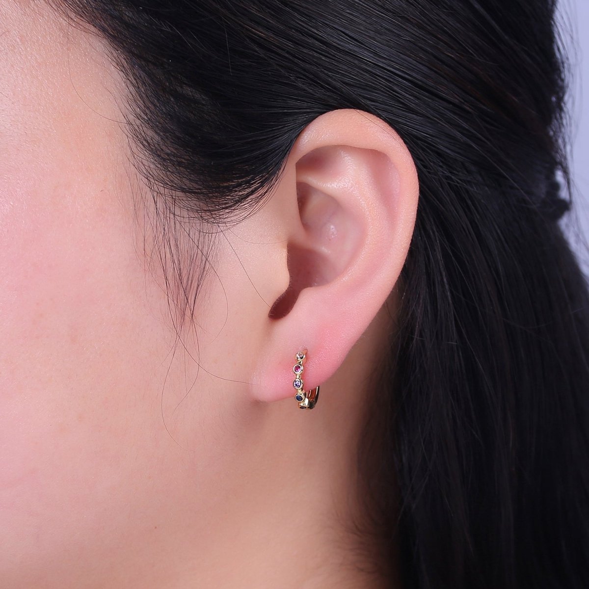 Multi Color Huggie Earring 14mm Gold Hoop Colorful CZ Earring T-359