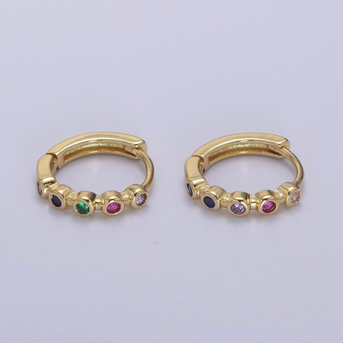 Multi Color Huggie Earring 14mm Gold Hoop Colorful CZ Earring T-359