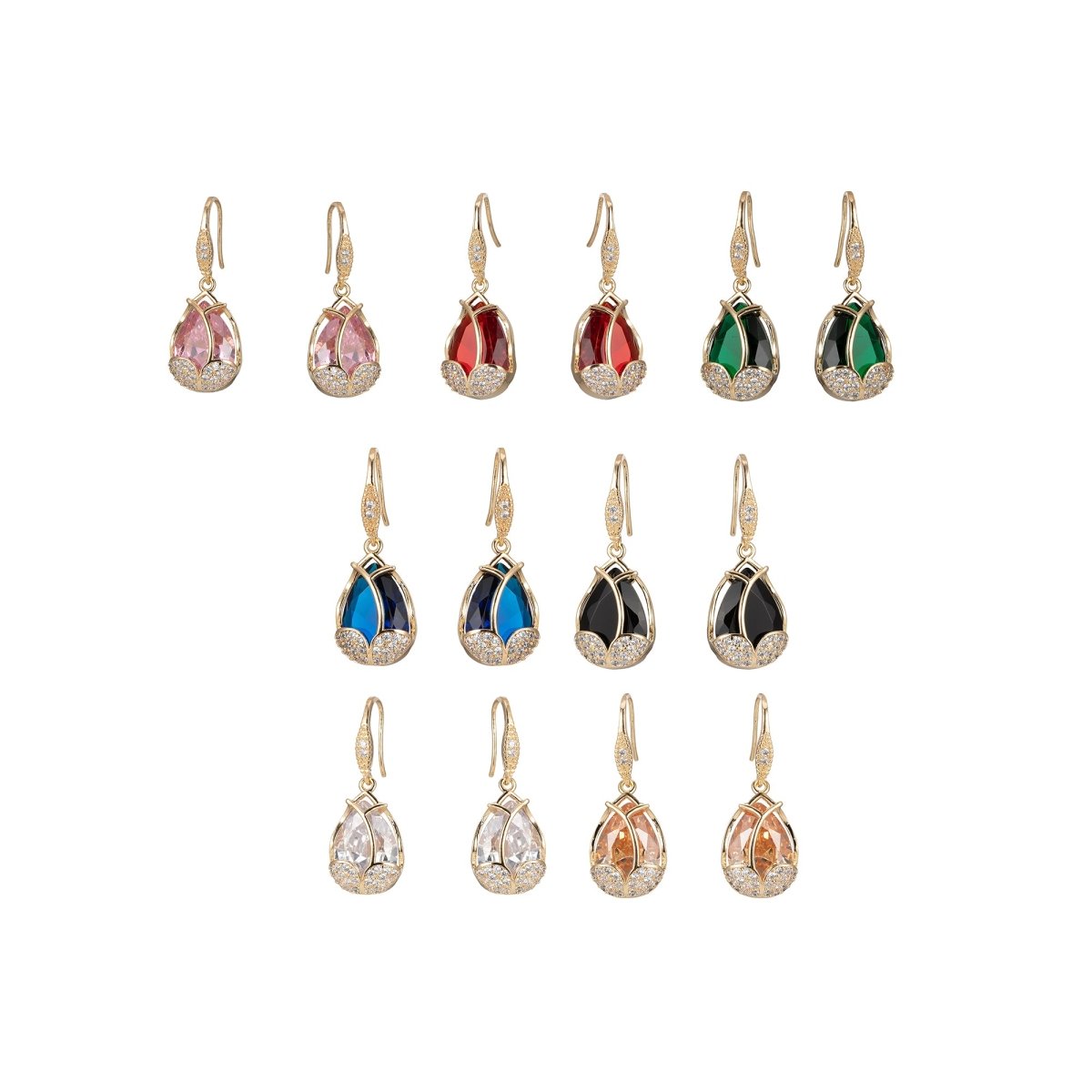 Multicolor Crystal Cubic Zirconia CZ Tulip Dangle Earring in 18K Gold & Silver