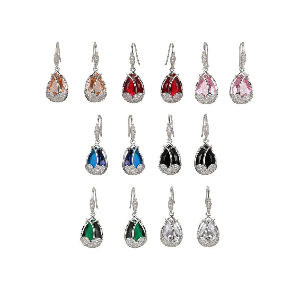Multicolor Crystal Cubic Zirconia CZ Tulip Dangle Earring in 18K Gold & Silver