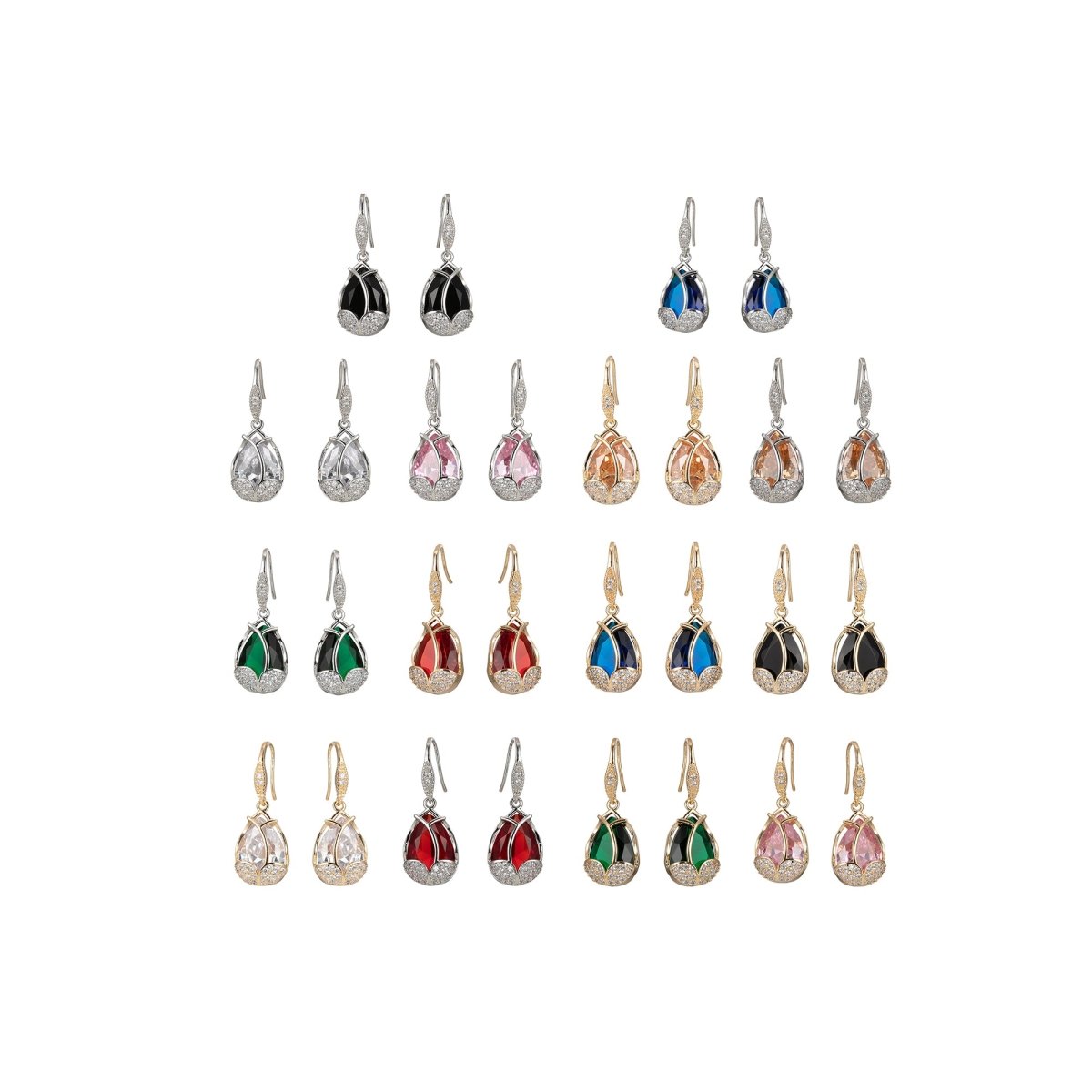 Multicolor Crystal Cubic Zirconia CZ Tulip Dangle Earring in 18K Gold & Silver