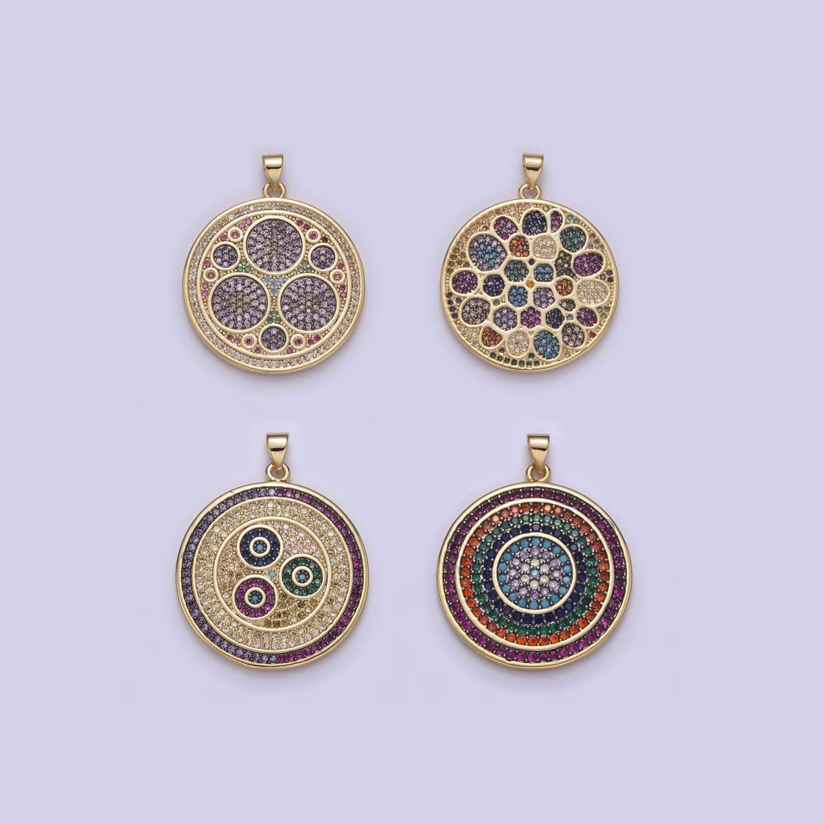Multicolor Diamond Disc Pendant, Round Disc Charm Micro Pave Medallion Pendant 14k Gold Filled H-242 - H-244 H-292