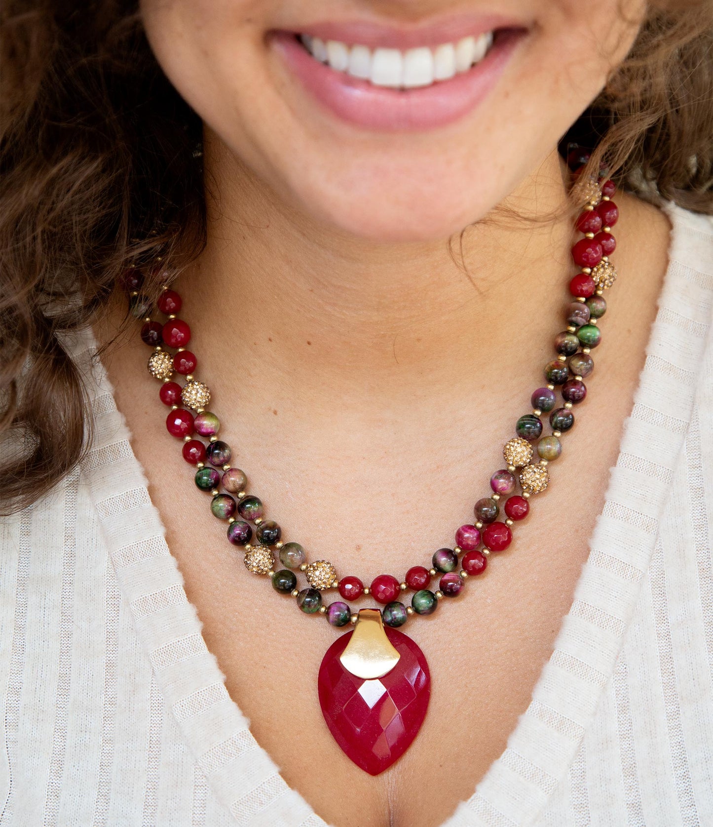Jeweled Multi-Color Tiger's Eye and Raspberry Quartz Pendant Golden Necklace
