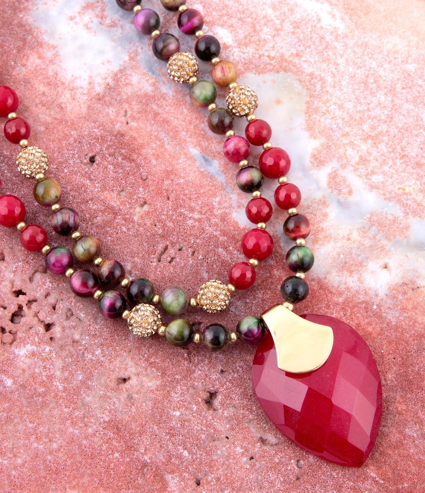 Jeweled Multi-Color Tiger's Eye and Raspberry Quartz Pendant Golden Necklace