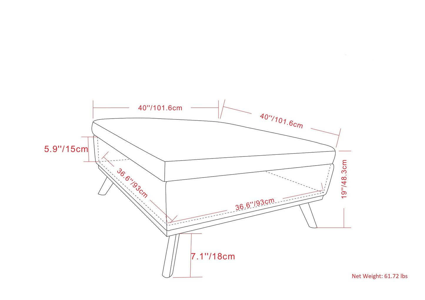 Owen 40 Inch Wide XL Square Coffee Table Storage Ottoman