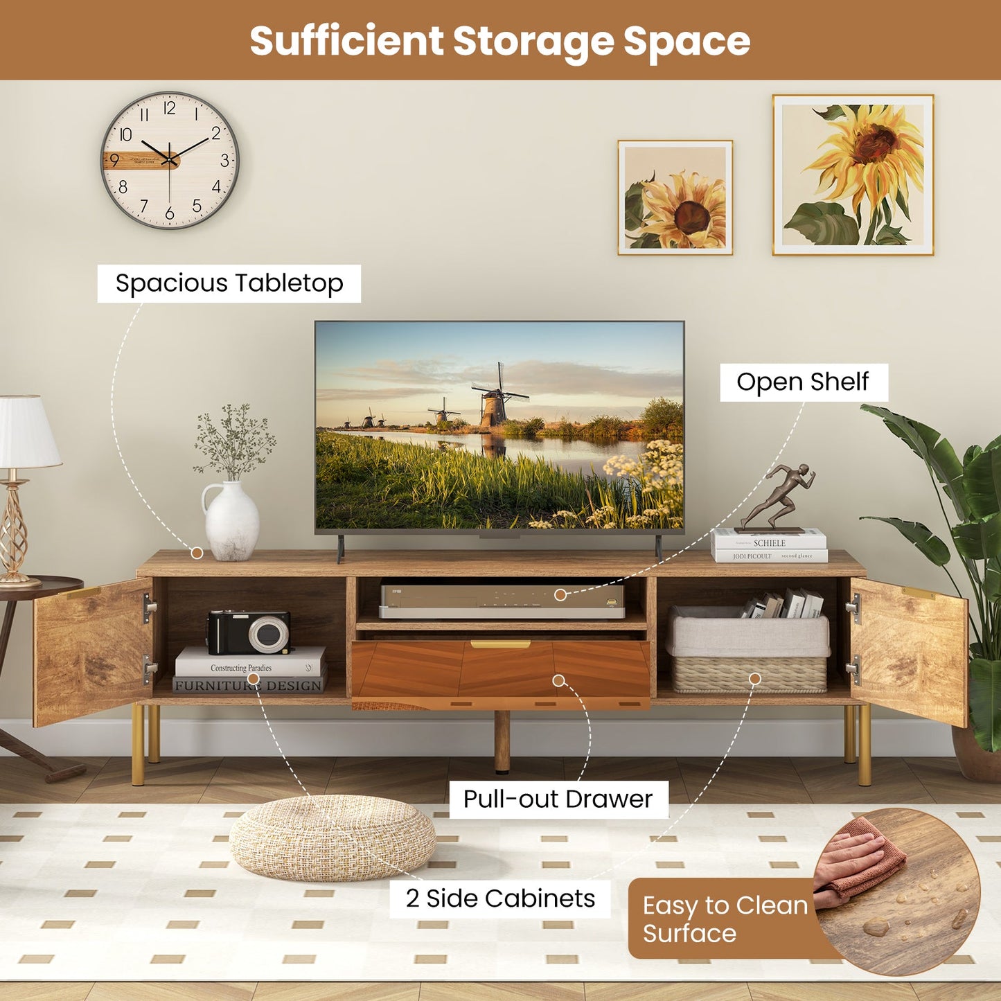 Mirrored TV Stand for TV up to 65 Inch with Spacious Tabletop and 2 Storage Cabinets-Natural