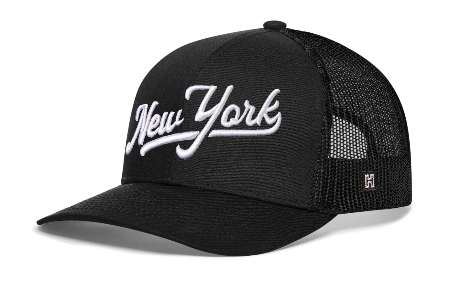 New York City White Script Trucker Hat  |  NY Snapback