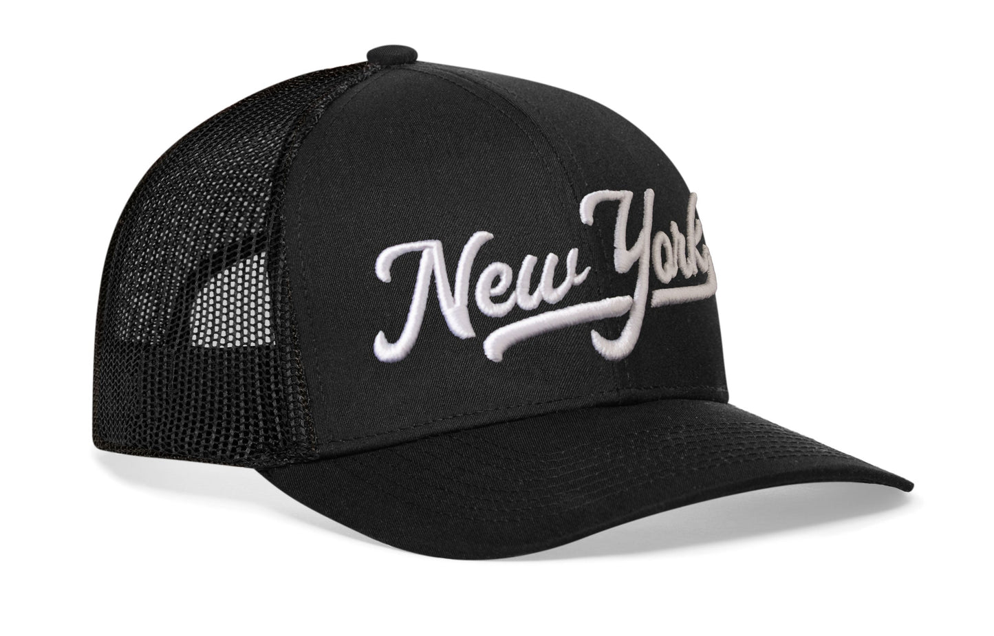 New York City White Script Trucker Hat  |  NY Snapback