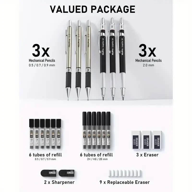 Nicpro Art Mechanical Pencil Set for Writing, Sketching, Drawing With Lead Refills Case