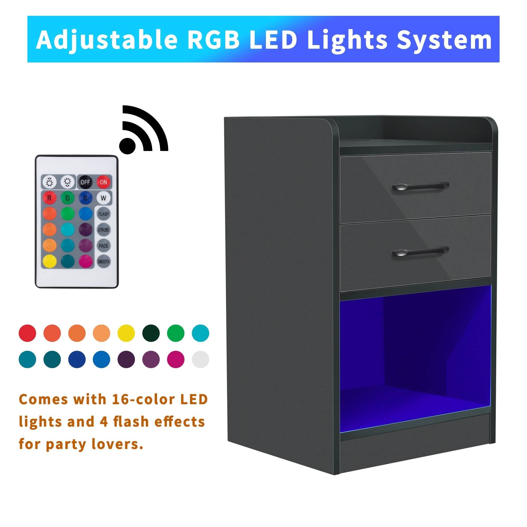 Nightstand with Charging Station and LED Lights