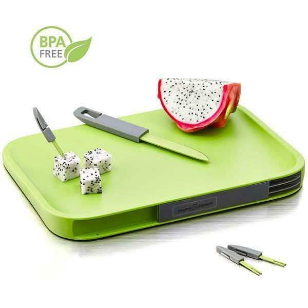 Ensemble de planche à découper antidérapante comprenant – Couteau, 3 mini-fourchettes, planche sans BPA