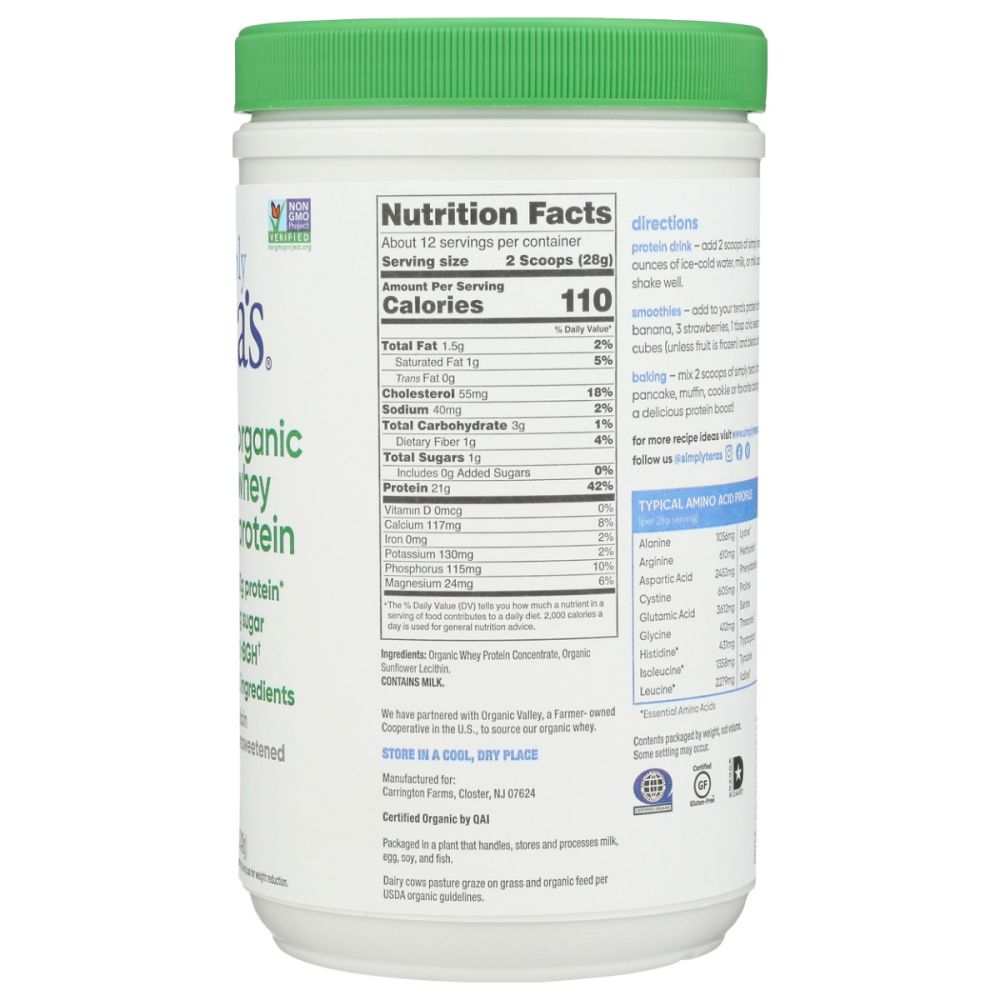 SIMPLY TERAS: Organic Whey Protein Plain Unsweetened, 12 oz