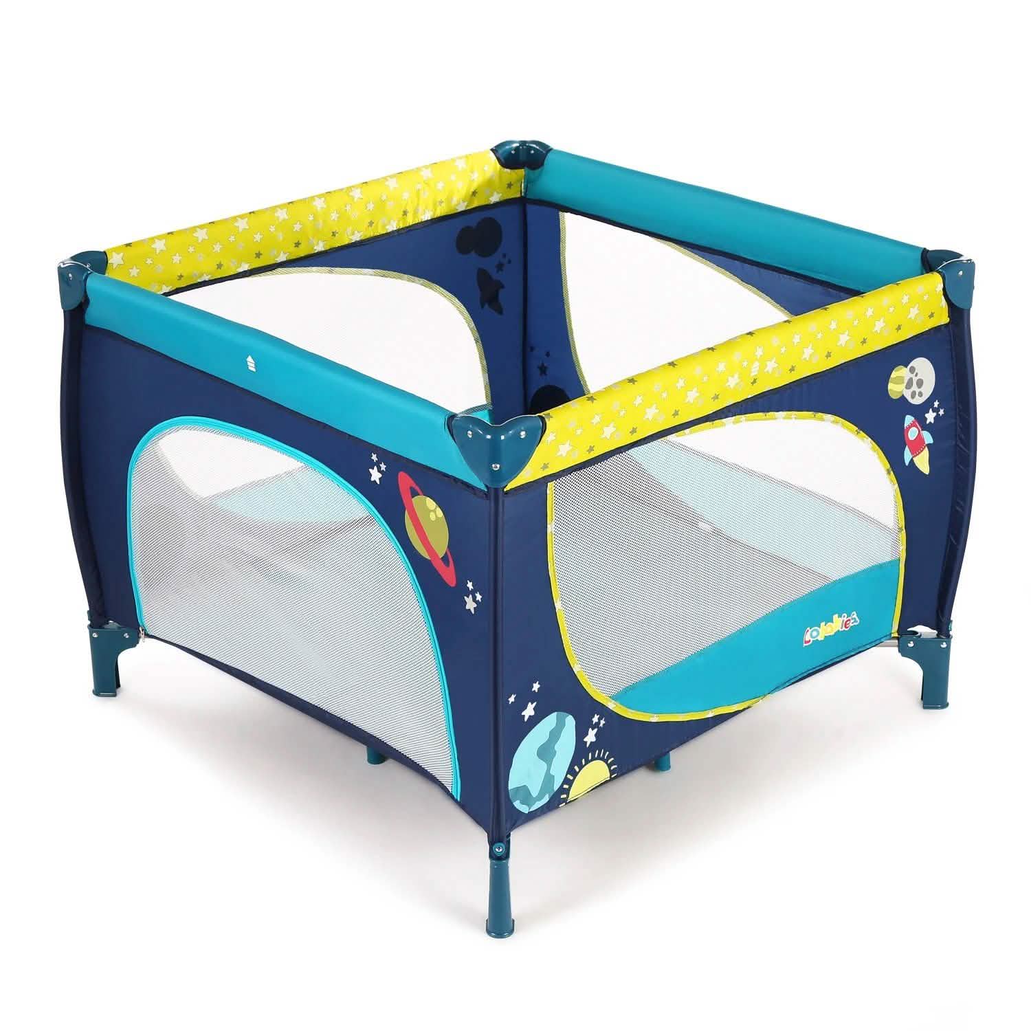 Odoland Parc pliant pour bébé 99 x 99 cm avec matelas, barrière de sécurité, bleu