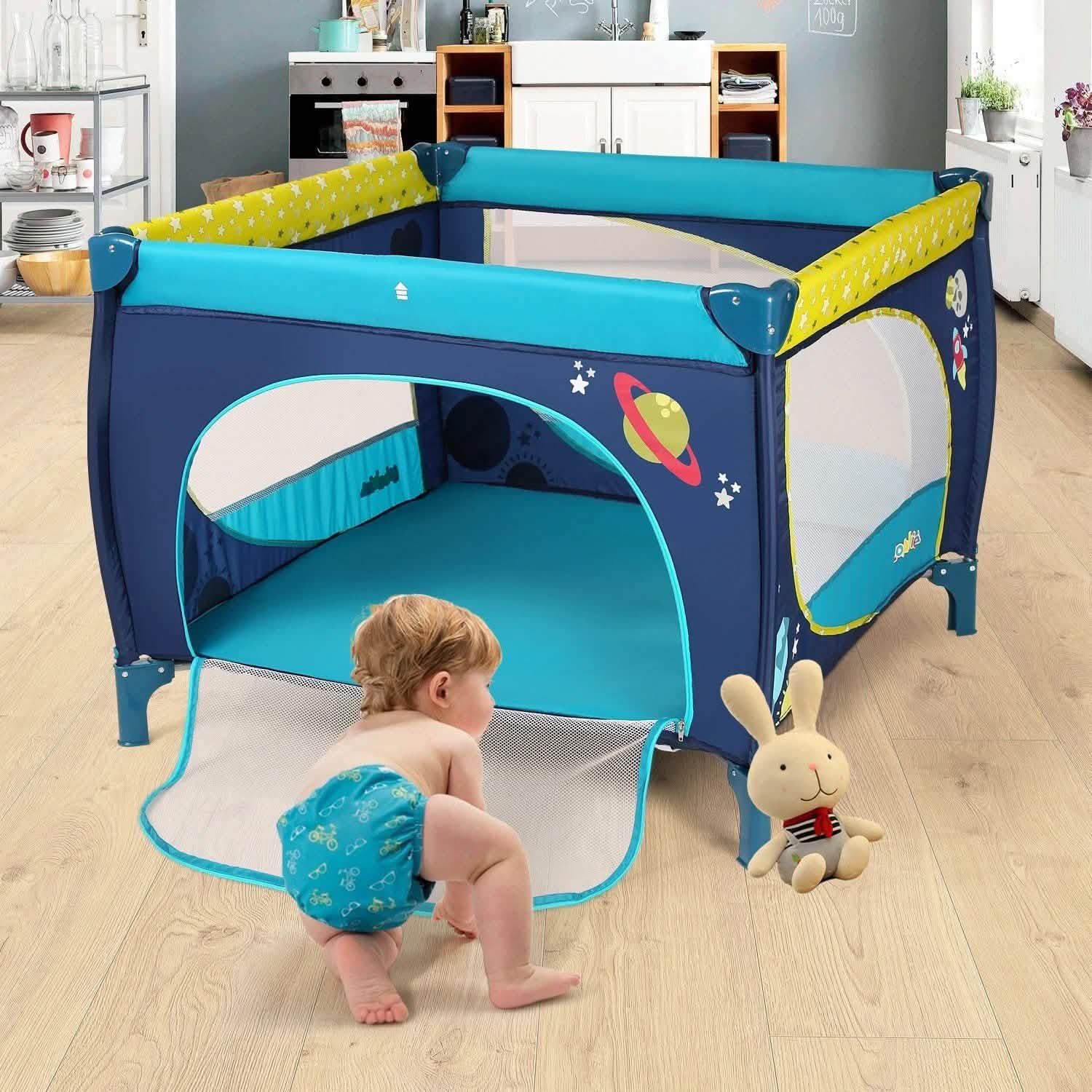 Odoland Parc pliant pour bébé 99 x 99 cm avec matelas, barrière de sécurité, bleu