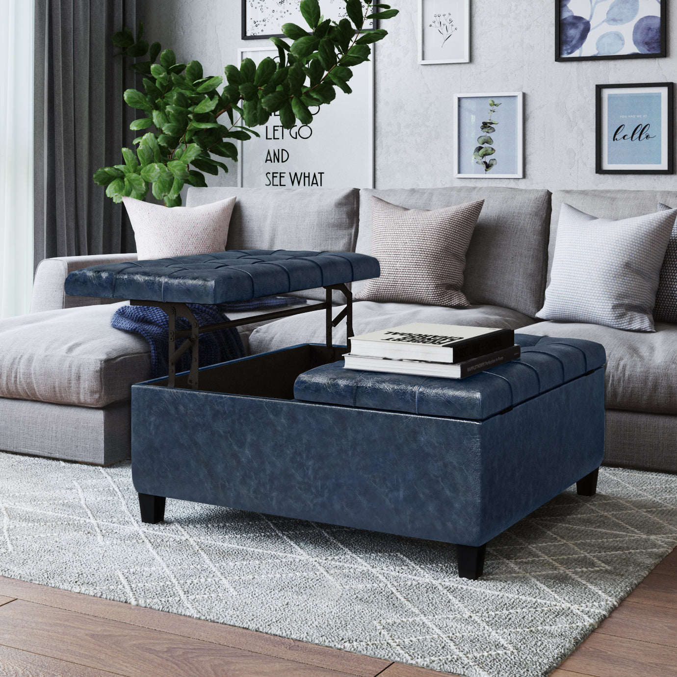Harrison 36 Inch Wide Coffee Table Storage Ottoman in Denim
