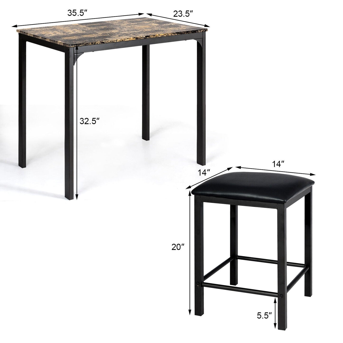 3 Piece Counter Height Dining Set Faux Marble Table